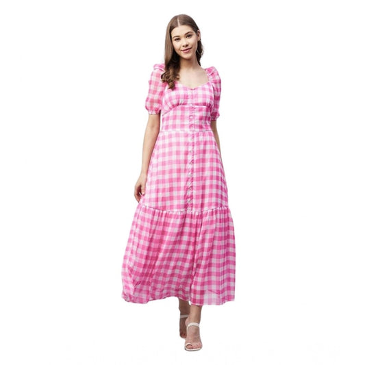 Generic Women's Polyester Georgette Checkered Half Sleeve Dress (Pink)