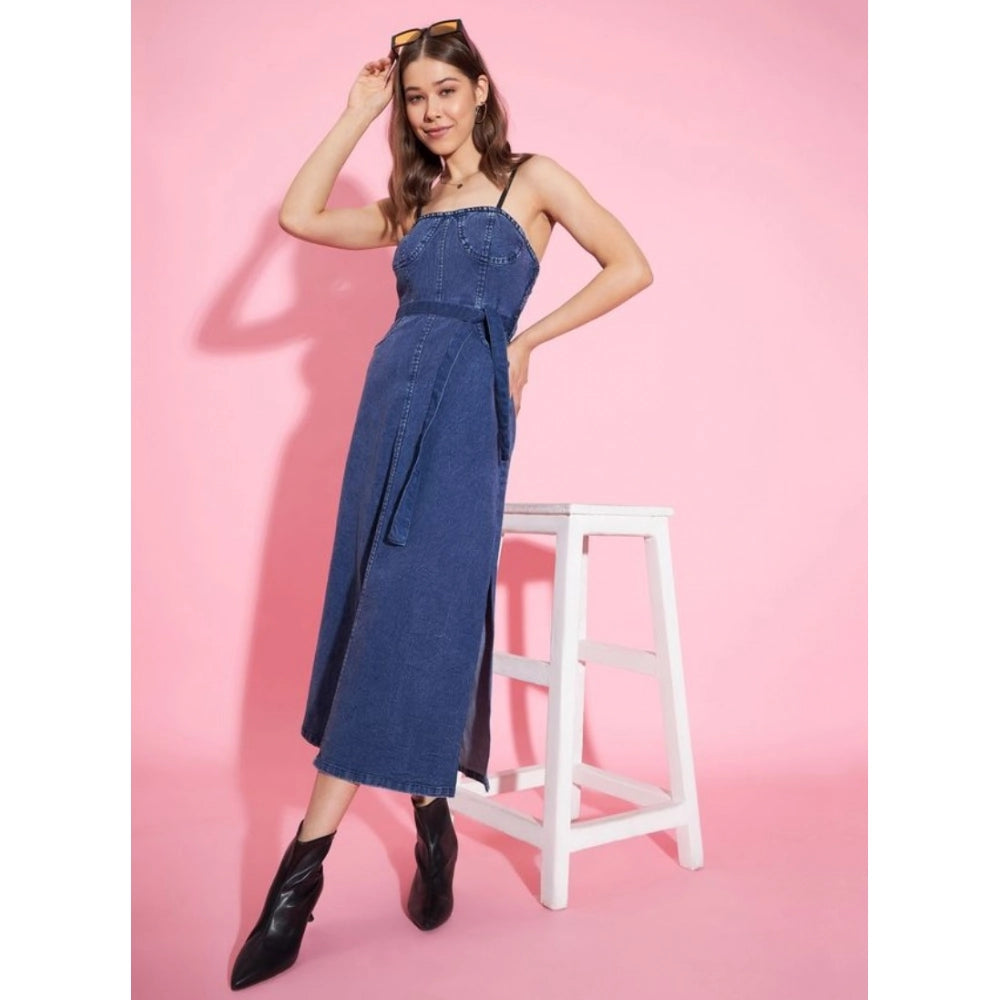 Generic Women's Denim Solid Shoulder Straps Dress (Blue)