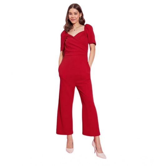 Generic Women's Polyester Lycra Solid Puff Sleeve Jumpsuit (Red)