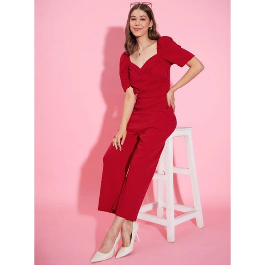 Generic Women's Polyester Lycra Solid Puff Sleeve Jumpsuit (Red)