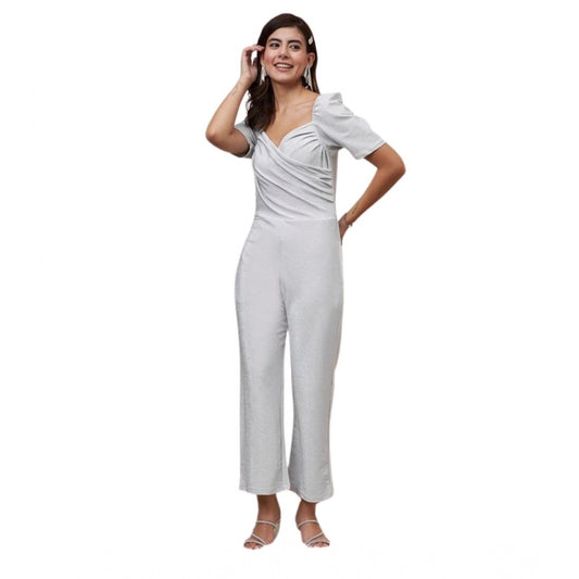 Generic Women's Polyester Shimmer Self Design Short Sleeve Jumpsuit (Silver)