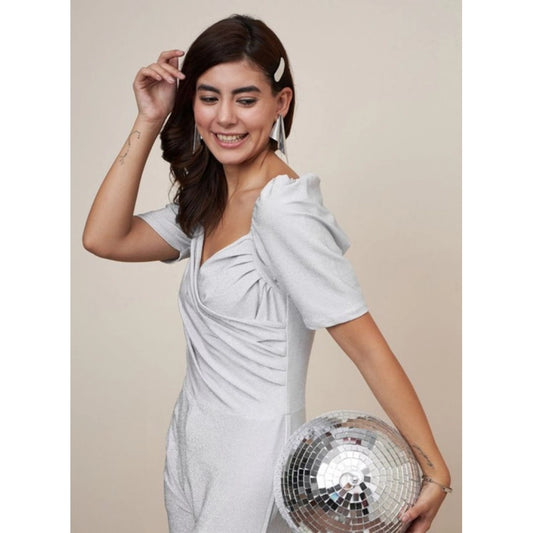 Generic Women's Polyester Shimmer Self Design Short Sleeve Jumpsuit (Silver)