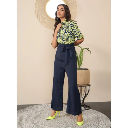 Generic Women's Polyester Floral Half Sleeves Jumpsuit (Navy - Yellow)