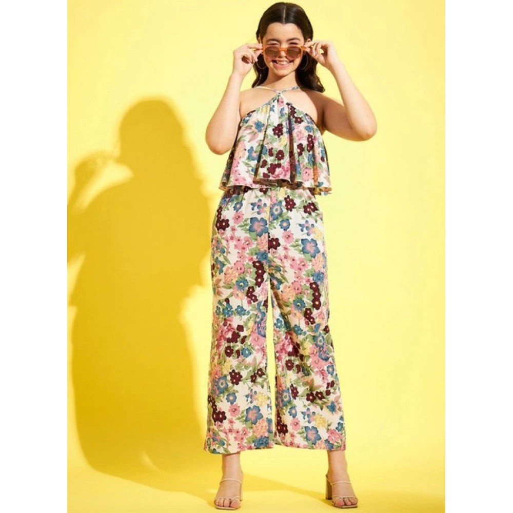 Generic Girl's Polyester Crepe Floral Sleeveless Jumpsuit (Multicolor)