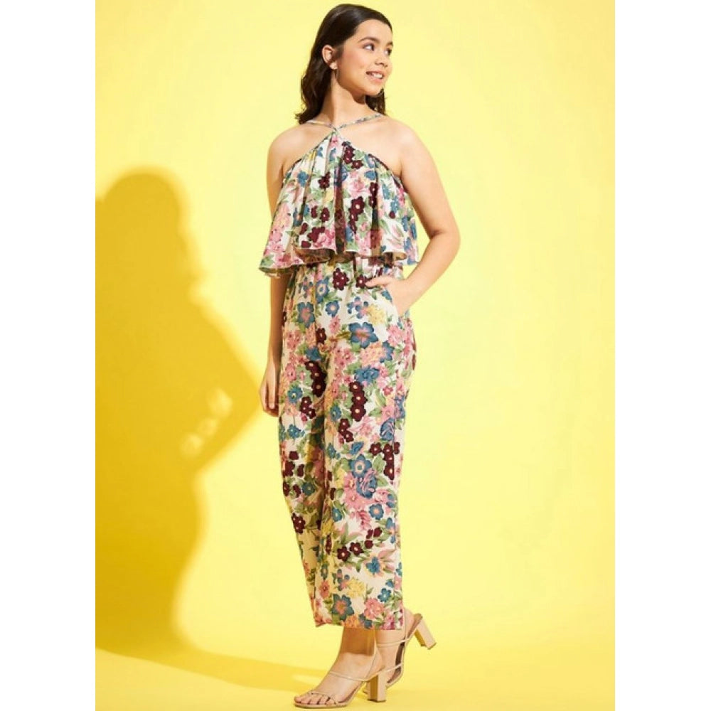Generic Girl's Polyester Crepe Floral Sleeveless Jumpsuit (Multicolor)