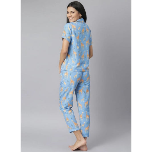 Generic Women's Cotton Blend Printed Short Sleeve Night Suit (Blue)