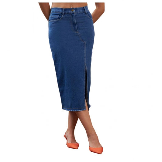 Generic Women's Denim Lycra Solid Button Skirt (Blue)