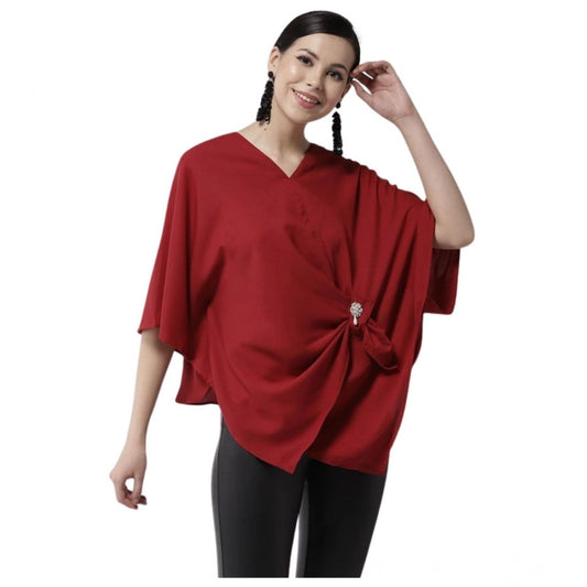 Generic Women's Polyester Solid Cape Sleeve Top (Red)