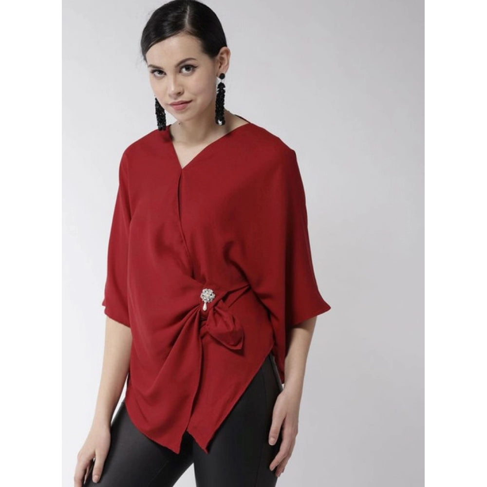 Generic Women's Polyester Solid Cape Sleeve Top (Red)