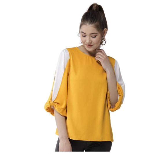 Generic Women's Polyester Colour Block Slit Sleeve Top (Yellow-White)