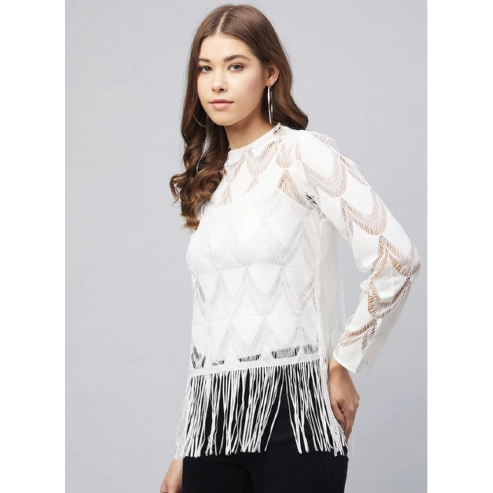 Generic Women's Lace Self Design Short Sleeve Top (White)