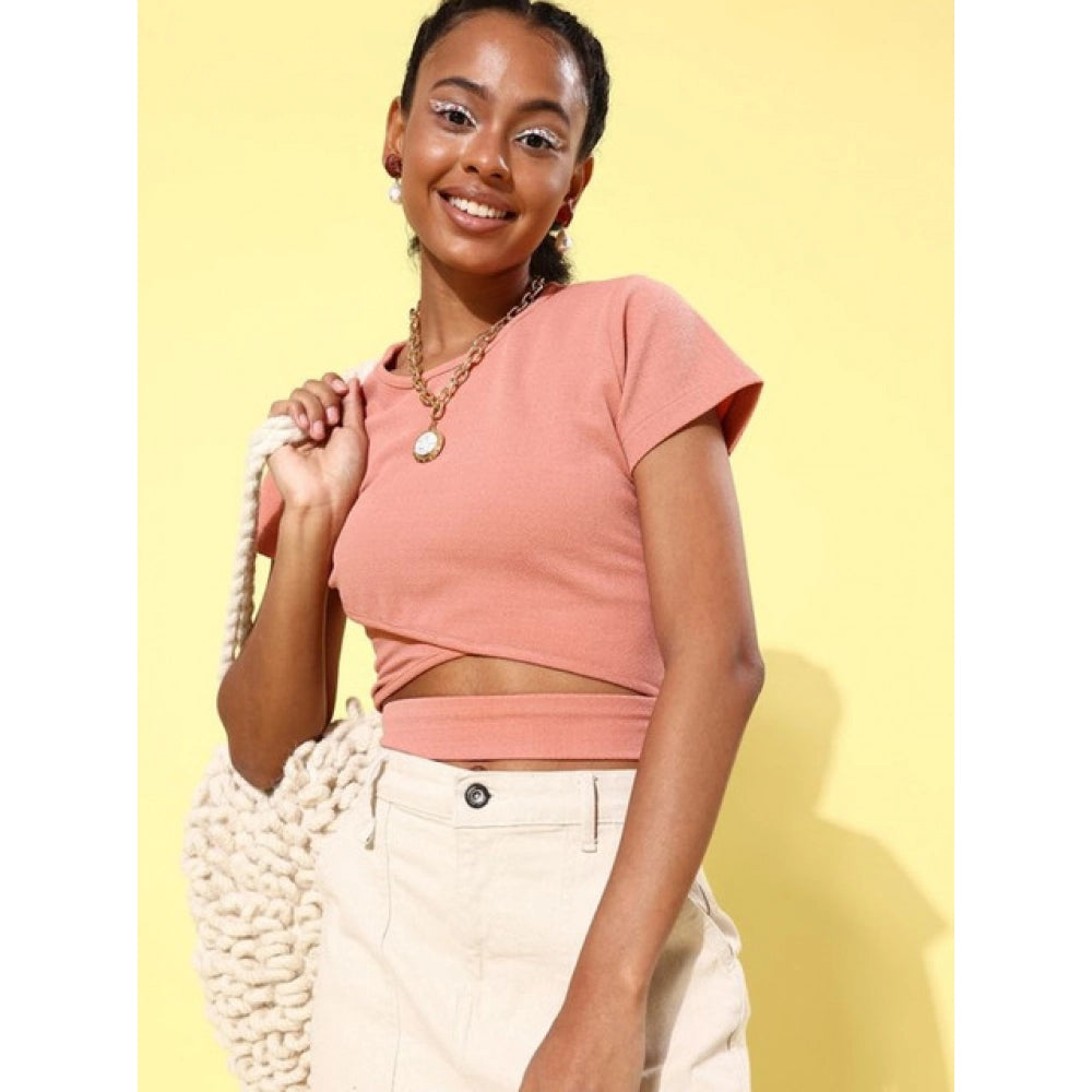 Generic Women's Polyester Lycra Solid Short Sleeve Top (Pink)