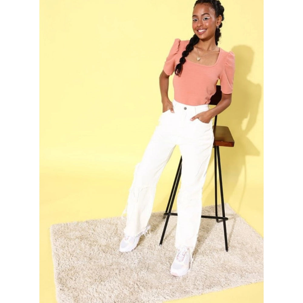 Generic Women's Polyester Lycra Solid Short Sleeve Top (Pink)