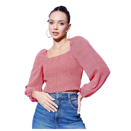 Generic Women's Polyester Floral Long Sleeves Top (Red)