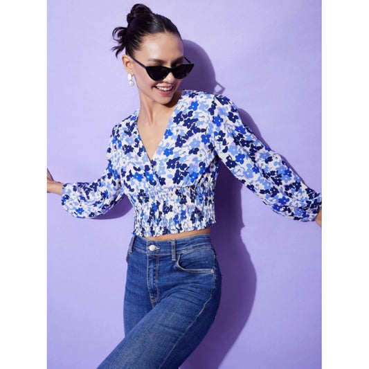 Generic Women's Polyester Floral Long Sleeves Top (Blue)