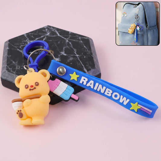 Cute bear cartoon keychain with rainbow strap