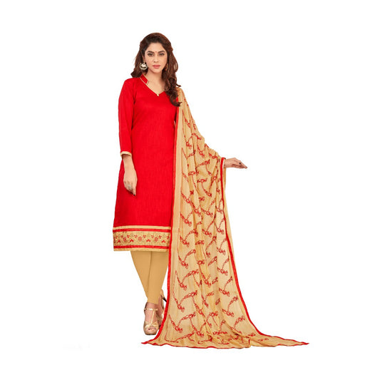 Slub Cotton Fabric Red Color Unstitched Salwar-Suit Material With Dupatta