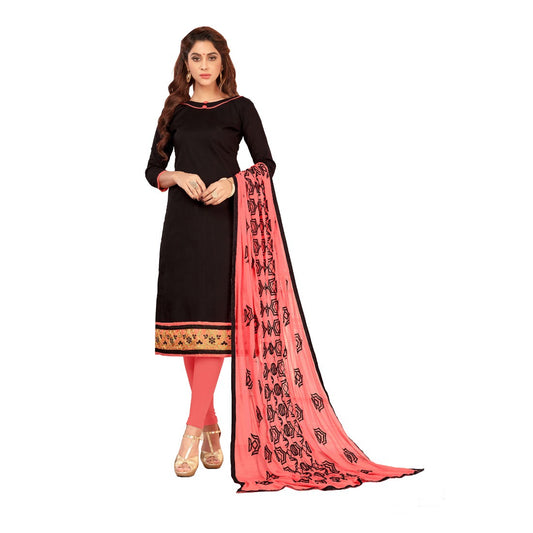 Slub Cotton Fabric Black Color Unstitched Salwar-Suit Material With Dupatta