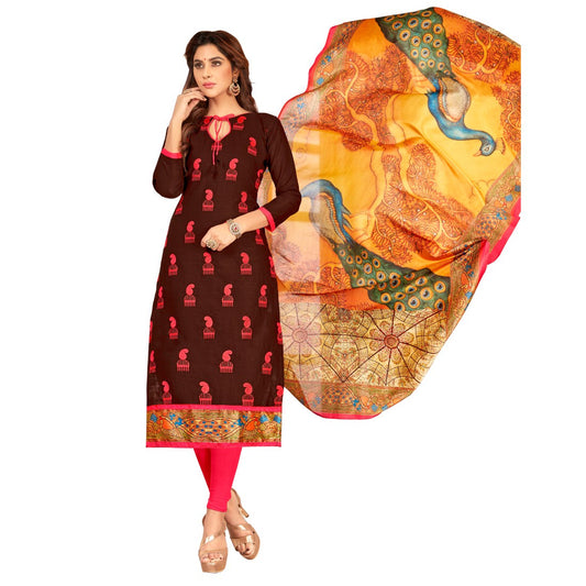 Slub Cotton Fabric Brown Color Unstitched Salwar-Suit Material With Dupatta