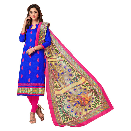 Slub Cotton Fabric Blue Color Unstitched Salwar-Suit Material With Dupatta