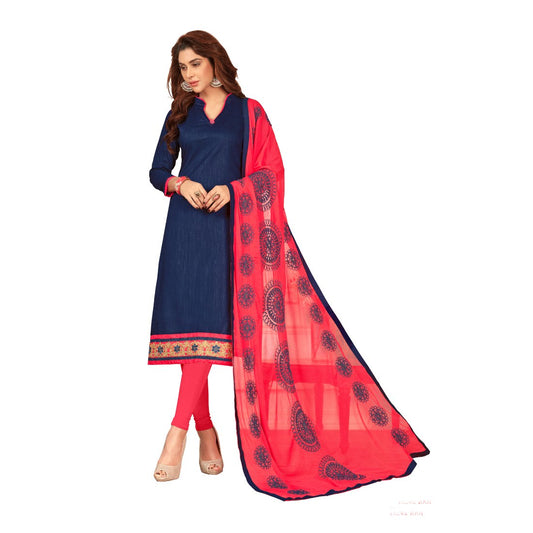 Slub Cotton Fabric Blue Color Unstitched Salwar-Suit Material With Dupatta