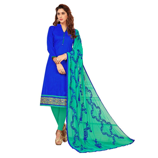 Slub Cotton Fabric Blue Color Unstitched Salwar-Suit Material With Dupatta