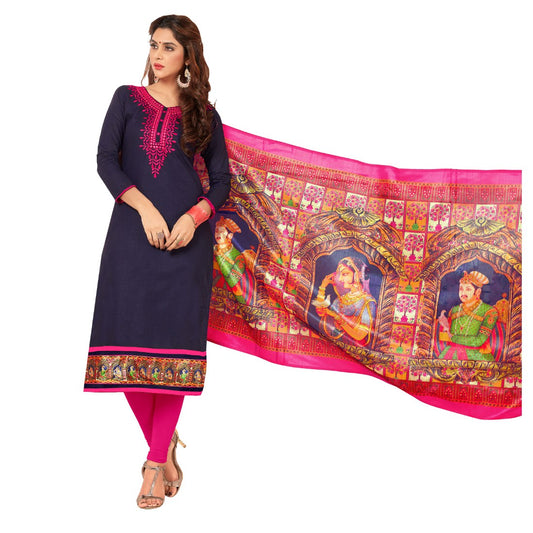 Slub Cotton Fabric Navy Blue Color Unstitched Salwar-Suit Material With Dupatta